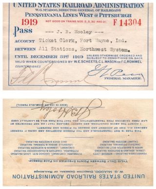 1919 United States Railroad Administration Railroad Pass Ticket