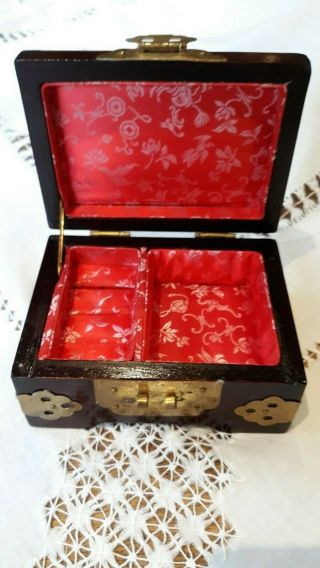 Vintage Chinese Wood Jewelry Ring Box with Brass Fittings and Jade Inset 2