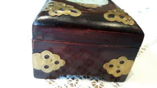 Vintage Chinese Wood Jewelry Ring Box with Brass Fittings and Jade Inset 5