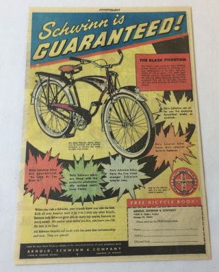 1950 Schwinn Black Phantom Bicycle Ad Page Guaranteed