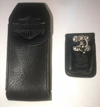 2 - Harley Davidson Embossed Black Leather Pouch/case/holders W Belt Loop