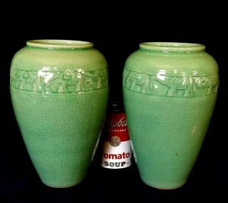 Pair Large Thai Celadon Vases C 1950s W Parading Elephants & Crackle Glaze