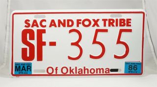 1986 Oklahoma Sac And Fox Tribe License Plate - Near