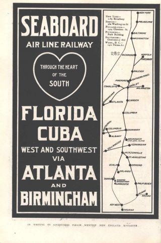 1906 Seaboard Railway Air Line Map Cuba Florida Atlanta Birmingham Vintage Ad