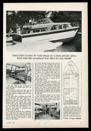 1964 Chris - Craft Cavalier 35 Yacht Boat 3 Photo & Diagram Vintage Print Ad