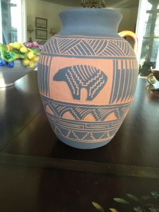 JMSN Navajo Pot,  Incised Design with Fetish Bear NATIVE AMERICAN HANDCRAFTED 5