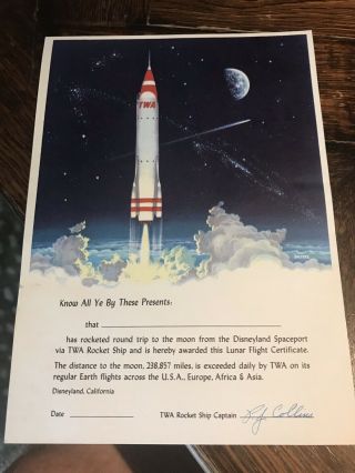 Vintage 1955 Disneyland Ride Twa Airline “rocket To Moon” Flight Certificate