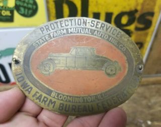 Vintage Antique Brass License Plate Topper Badge State Farm Iowa Farm Bureau
