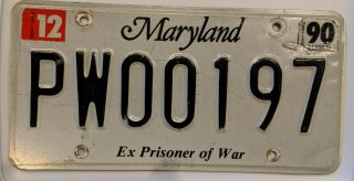 Maryland Licence Plate Pow Ex Prisoner Of War Military Veteran