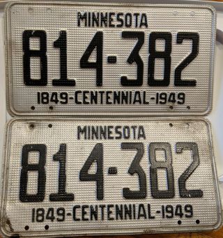 1949 Minnesota License Plate Pair Centennial Slogan