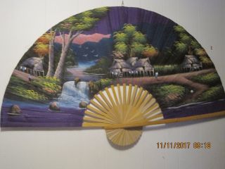 Vintage Japanese Wall Fan 60 X 36 Inches Purple Back Round