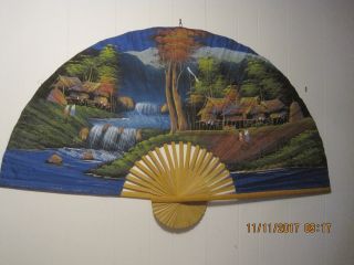 Vintage Japanese Wall Fan 60 X 36 Inches Blue Backround
