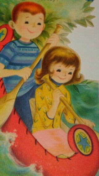 Vintage Greeting Card,  Cute Girl And Boy Riding In A Canoe,  8 "