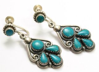 Vintage Navajo Sterling Silver Old Pawn Turquoise Flower Drop Dangle Earrings