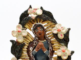 Mexican Ochumichu Virgen Of Guadalupe Earthenware Pottery Figure 12 " Tall