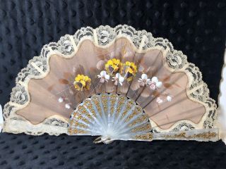 Vintage Hand Painted Fan Floral Flowers Made In Spain