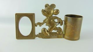 Vintage Walt Disney Productions Mickey Mouse Brass Pencil Holder Picture Frame
