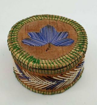 Fine Old Native American Great Lakes Indian Birch Bark Quill Box Blue Maple Leaf