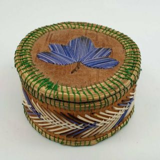 Fine Old Native American Great Lakes Indian Birch Bark Quill Box Blue Maple Leaf 2