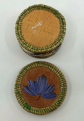 Fine Old Native American Great Lakes Indian Birch Bark Quill Box Blue Maple Leaf 5