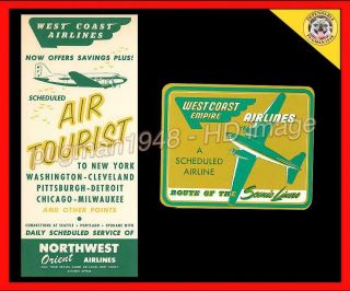 West Coast Airlines 1953 Airline Brochure.  Plus West Coast Luggage Label