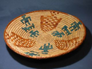 Polychrom Indian Style Coil Basket Tray With Human Figures And Deers