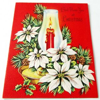 Vtg Christmas Card 1950s Cut Out Candle Hurricane Lamp W White Poinsettias