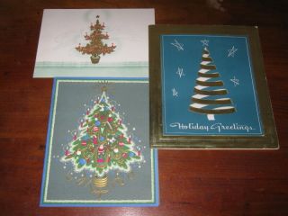 3 Vtg 1950s Christmas Cards,  Tree Designs