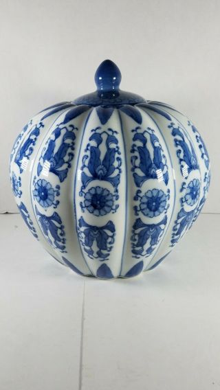 Ceramic Blue White Pumpkin Shaped Ginger Jar Blue Flower Leaf Pattern