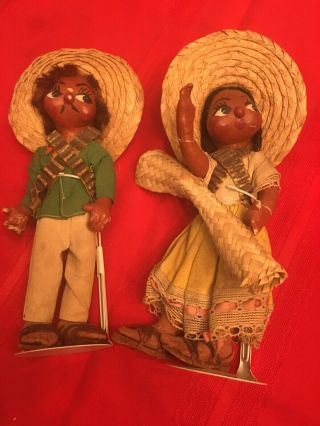 Vintage Mexican Folk Art Leather/fabric Dolls - Pair/2