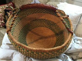 African Bolga Hand Crafted & Woven Market Basket Natural Grass & Leather