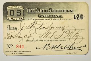 1898 The Ohio Southern Railroad Annual Pass J S Koslowsky B R Stephens
