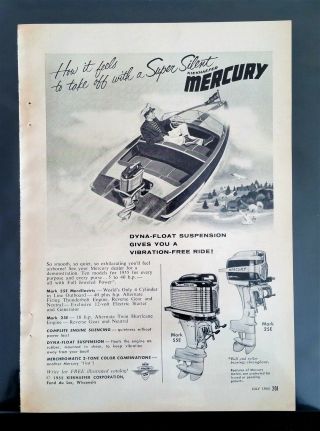 Vintage 1955 Mercury Mark 55e & Mark 25e Boat Motor Full Page Ad