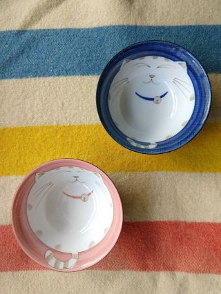 Japanese Smiling Cat Porcelain Soup Bowl,  Set Of 2