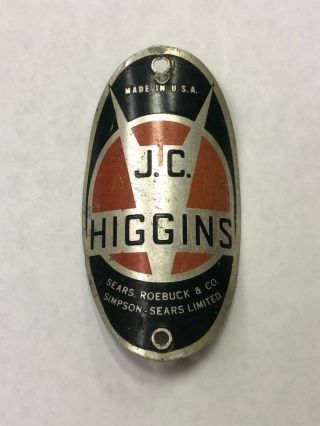 Vintage Bicycle J.  C.  Higgins Head Badge Tag Sears Roebuck Oval
