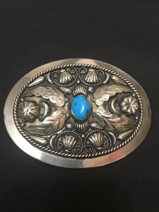 Vintage Alpaca Mexico Silver & Turquoise Belt Buckle