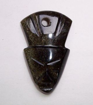 Vintage Aztec Mayan Mask Pendant Figure Hand Carved Black Gold Sheen Obsidian