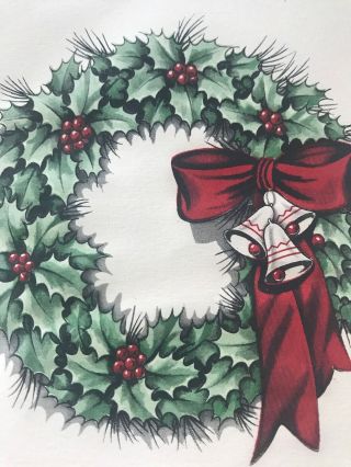 Vintage Christmas Card Bells Holly Wreath Art Deco Red Ribbon