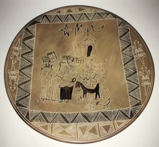 Village Life African Decorative Soapstone Plate Handmade In Kenya 10 " A2