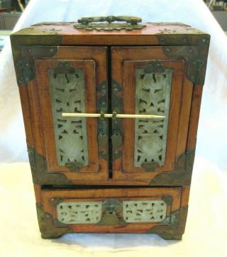 Vintage Asian Wood,  Carved Jade & Brass Jewelry Box - 9 3/4 " Tall - Estate