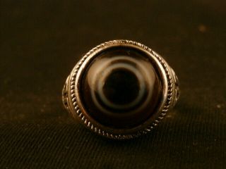 Wonderful Tibetan Silver Inlay Agate Dzi Sky Eyed Bead Ring E273