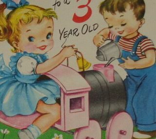 Vintage Greeting Card,  Sweet Girl And Boy Playing With A Train,  5 1/2 "