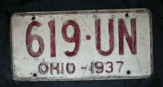 Vintage 1937 Ohio License Plate 619 - Un 82 Years Old