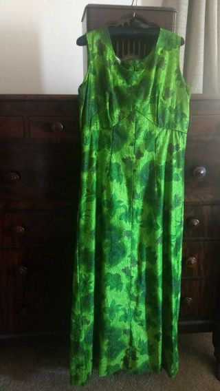 Vintage 60s Luau Sportswear Green Hawaiian Floral Cotton Dress Women 
