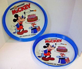 Vtg 2 Disney Mickey Mouse Happy Birthday 50 Years Of Magic Metal Serving Trays