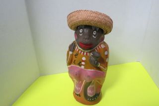 Vintage Clay Terra Cotta Monkey Figurine W/ Straw Hat Handpainted Mexico 12 "