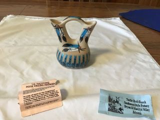 Native America Navajo Marilyn Wiley Signed Pottery Wedding Vase Blue 5” Tall