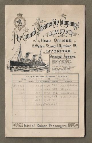 1896 Cunard Line Passenger List & Log R.  M.  S Etruria