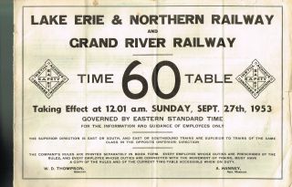 Timetable 60 - Lake Erie & Northern And Grand River Rwy.  - 1953 - Vg (bmo)