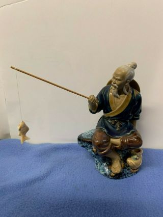 Vtg Chinese Export Mudman Art Pottery Glazed Fisherman Statue Figurine Fish